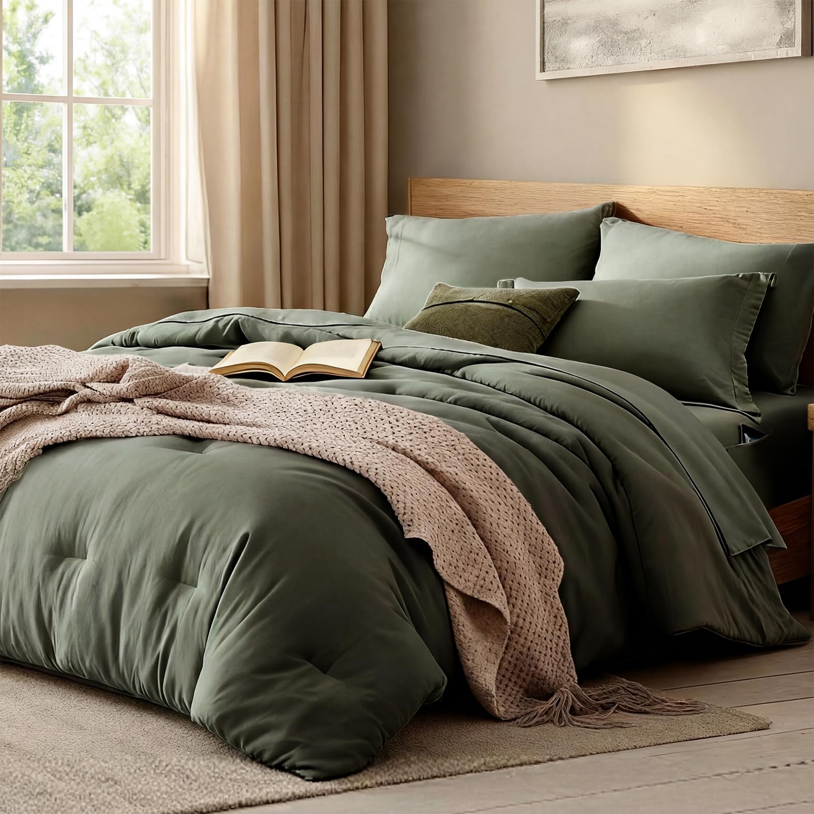 Photo 1 of ***Partial set***WRENSONGE Oversized Queen Comforter Set - 7 Pieces Olive Green Bed in a Bag Queen with Sheets, 2 Pillow Shams, and 2 Pillowcases- Warm Bedding Sets Queen for All Season