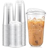 Baderke 50 Pcs Plastic Cups with Sip Lids Round Bottom Disposable Plastic Coffee Cups with Lids Clear Strawless Crystal Mugs for Iced Coffee Smoothie Cold Beverage Party Catering Supplies (20 oz)