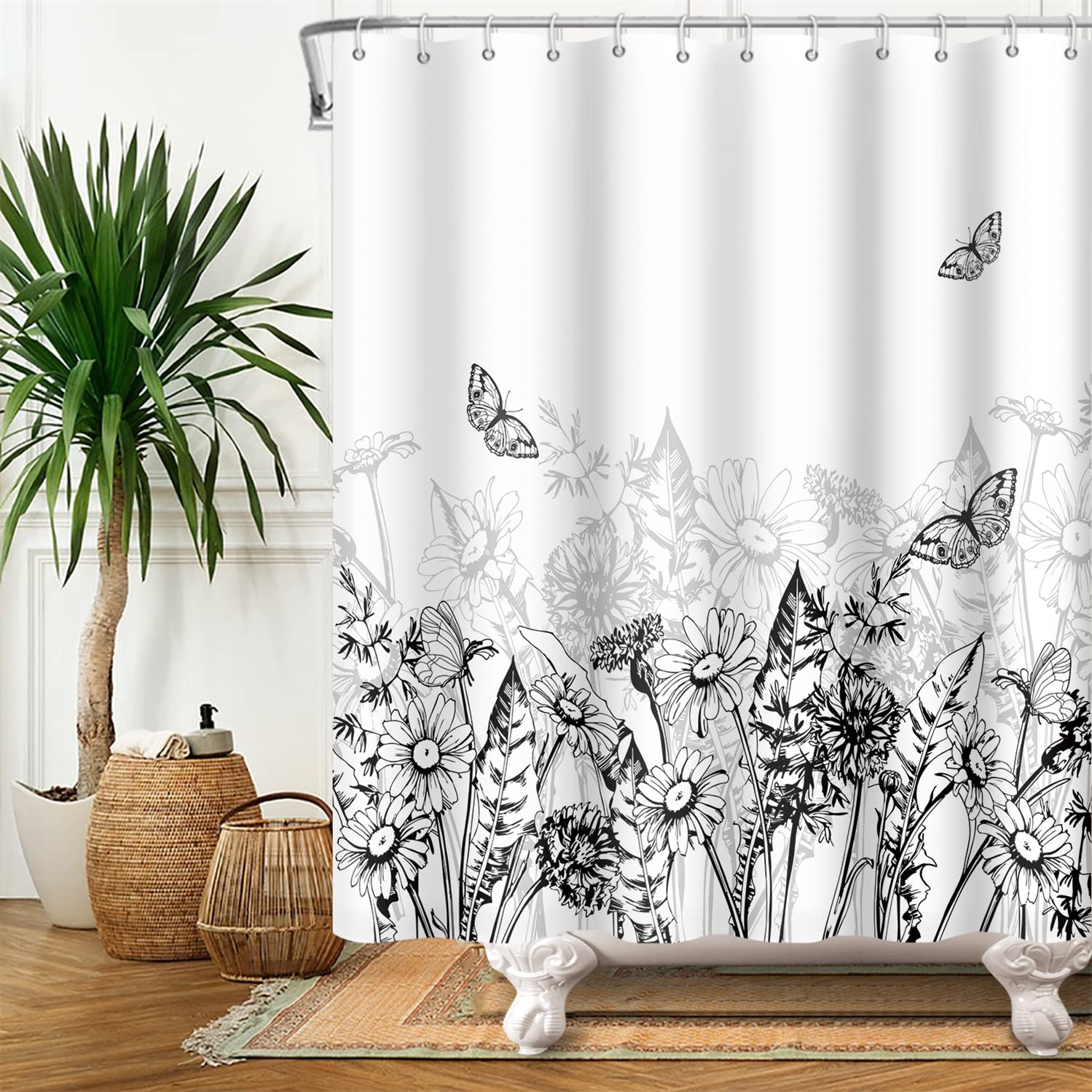 SDOTPMT 105x160cm Sketch Painting Shower Curtain Summer Daisy Flower Butterfly Leaves Black White Plant Bath Curtain Farmhouse Rural Field Curtain for Bathroom Waterproof Polyester with Hooks