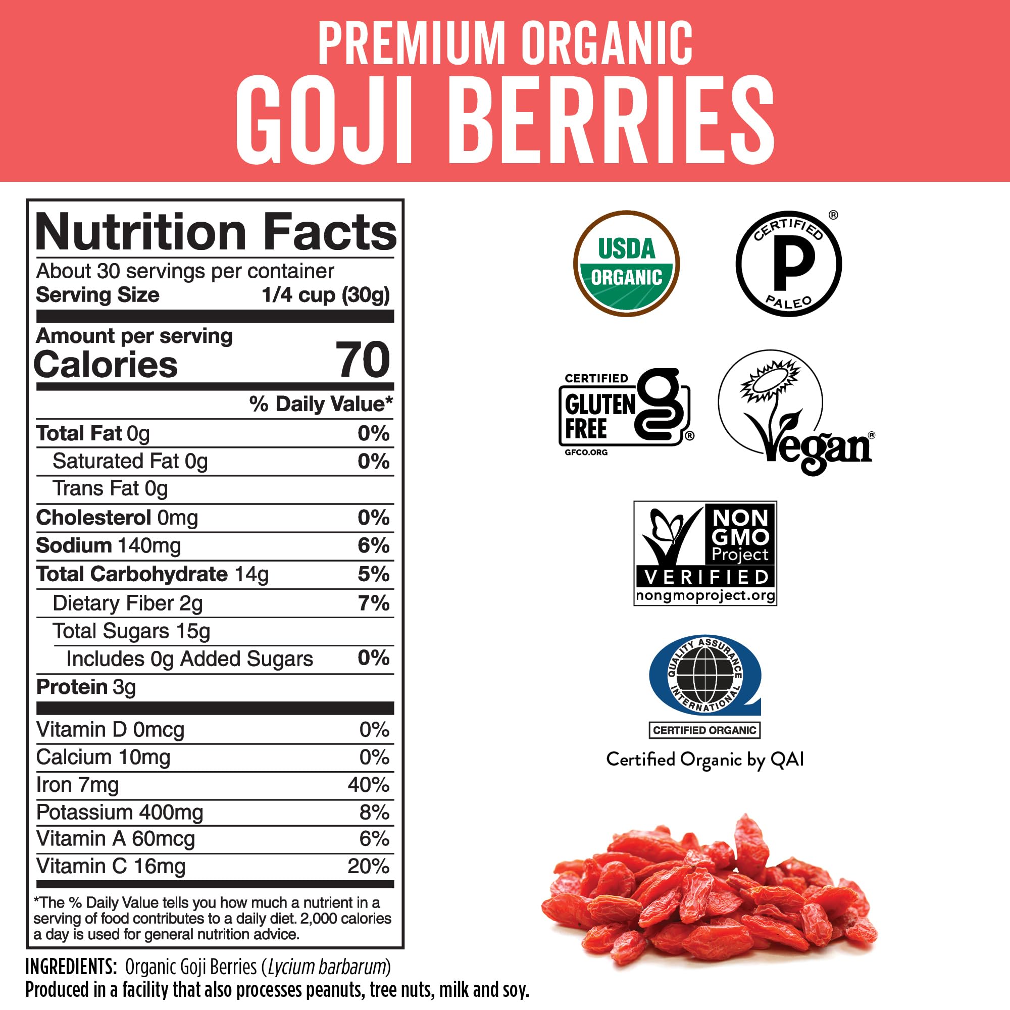 Viva Naturals Organic Dried Goji Berries, 32 oz (2 lb) Non-GMO and Vegan Wolfberries, Perfect for Baking, Smoothies, Teas and Snacks, Goji Berries Organic
