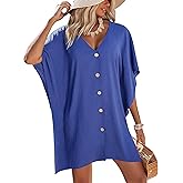 AI'MAGE Womens Swimsuit Cover Up Button Down Bathing Suit Coverups 3/4 Sleeve Beachwear Oversized Bikini Shirt Dresses S-XXL