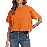 PRIMODA Women's Oversized Workout Cropped T Shirts Crew Neck Short Sleeve Casual Loose Summer Crop Tee Tops Cotton
