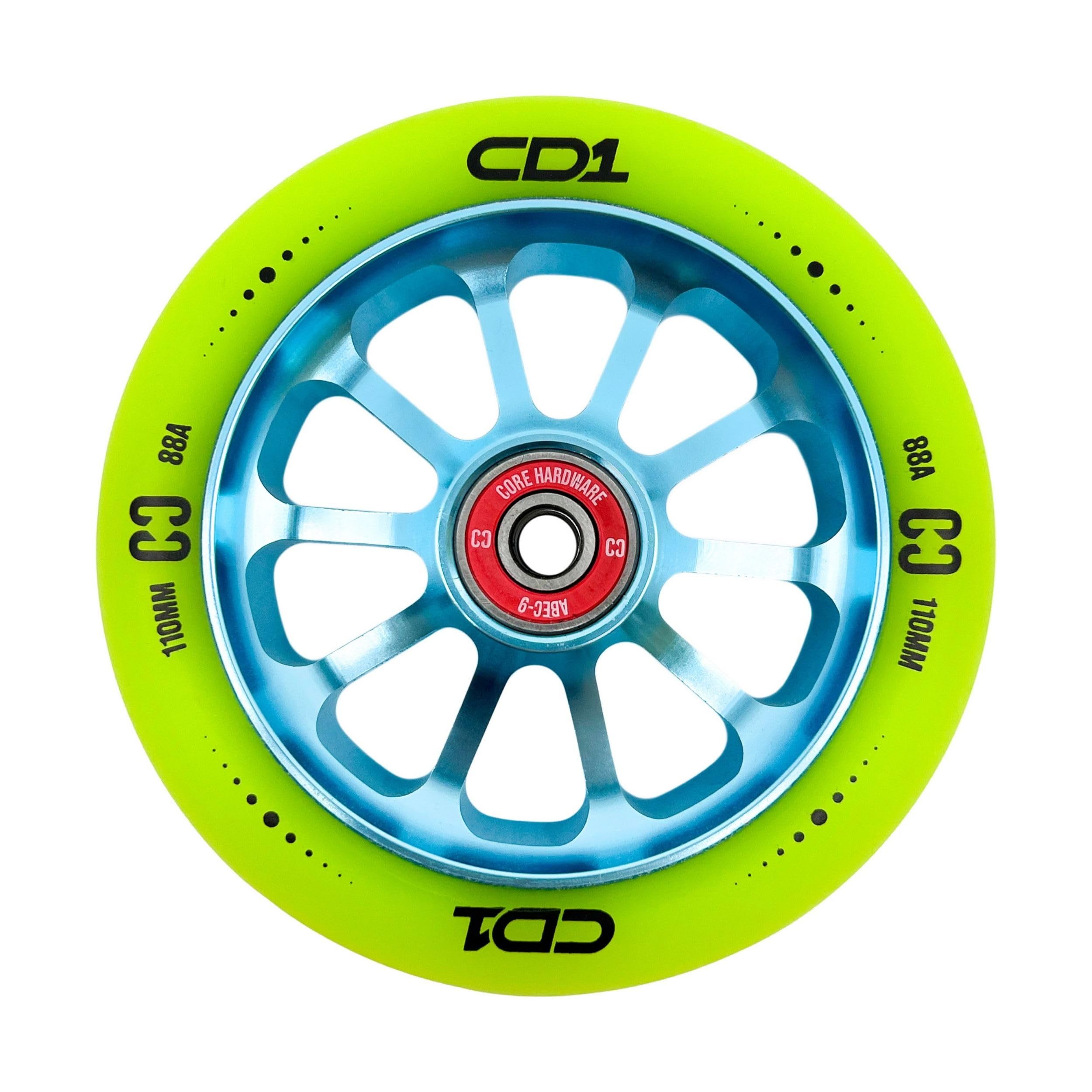 CORE CD1 Spoked Stunt Scooter Wheel 110mm ABEC 9 Bearings (Replacement Pro Scooter Wheels) - Lime/Blue