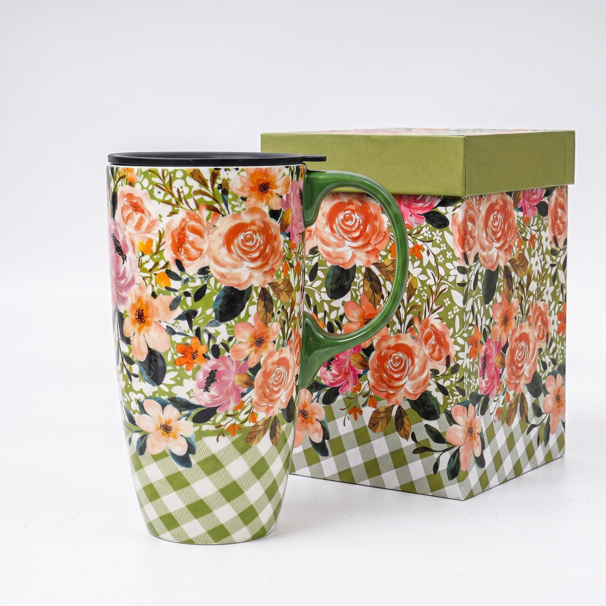 Topadorn Ceramic Travel Mug with Lid and Handle - Large Capacity 17 Oz Coffee Cup, Latte Teacup, Milk Mug - Gift for Coffee Lovers in Color Box - Green Flowers