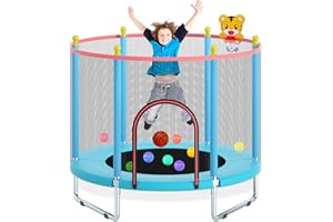 55" Trampoline for Kids, Telawah Indoor/Outdoor Mini Baby with Safety Enclosure Net, Adjustable Toddler with Basketball Hoop, Gifts for Boys & Girls