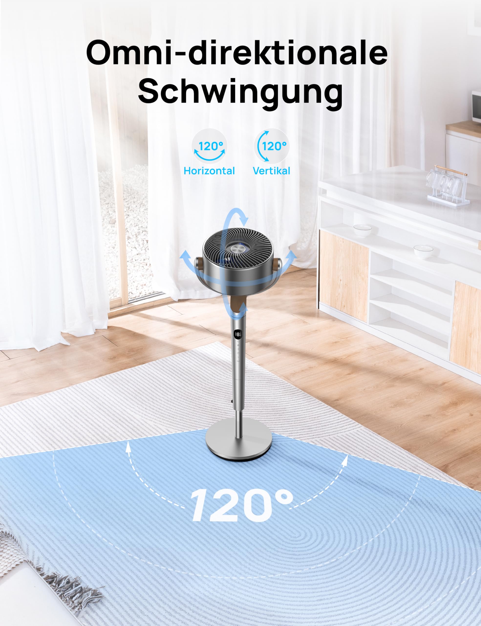 DREO 23 dB leiser Standventilator, 120°+120° Omni-direktionale oszillierende Ventilator, 27 m Windentfernung, 1615 m³/h Luftvolumen Echt Turbo-Luftzirkulator Fans, 102CM Höhe 3 Modi 8-Geschwindigkeit 4