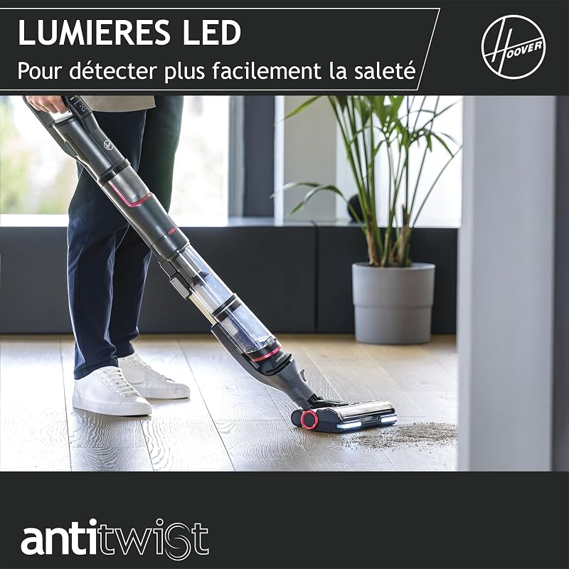 HFX10H Aspirateur Balai sans Fil Ultra Puissant avec Système Innovant Corner Genie pour Nettoyer Les Bords et Les Angles, Brosse Anti-Twist avec Eclairage LED