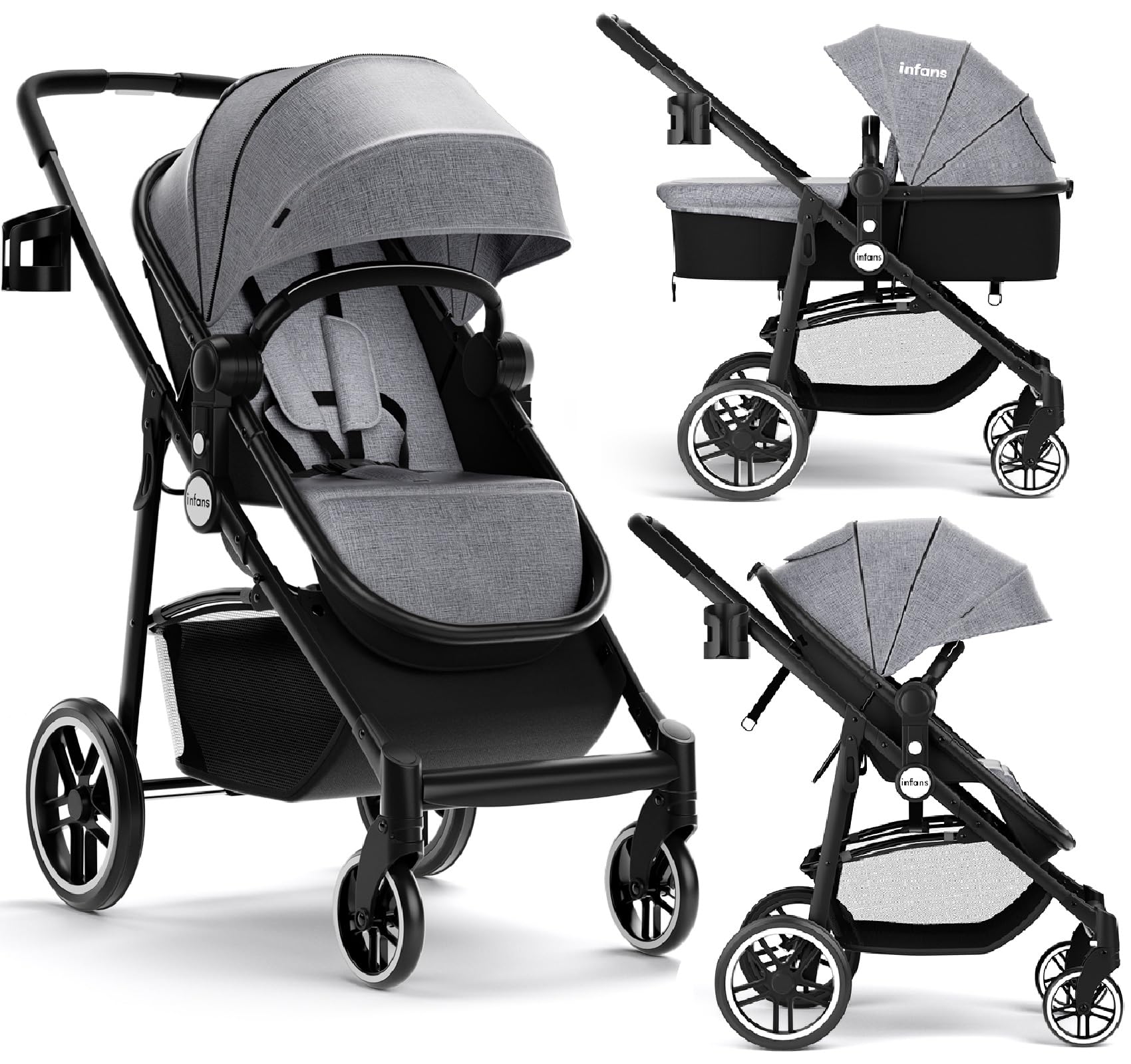 INFANS 2 in 1 Baby Stroller, High Landscape Infant Stroller & Reversible Bassinet Pram, Foldable Pushchair with Adjustable Canopy, Cup Holder, Storage Basket, Suspension Wheels (Grey) Image