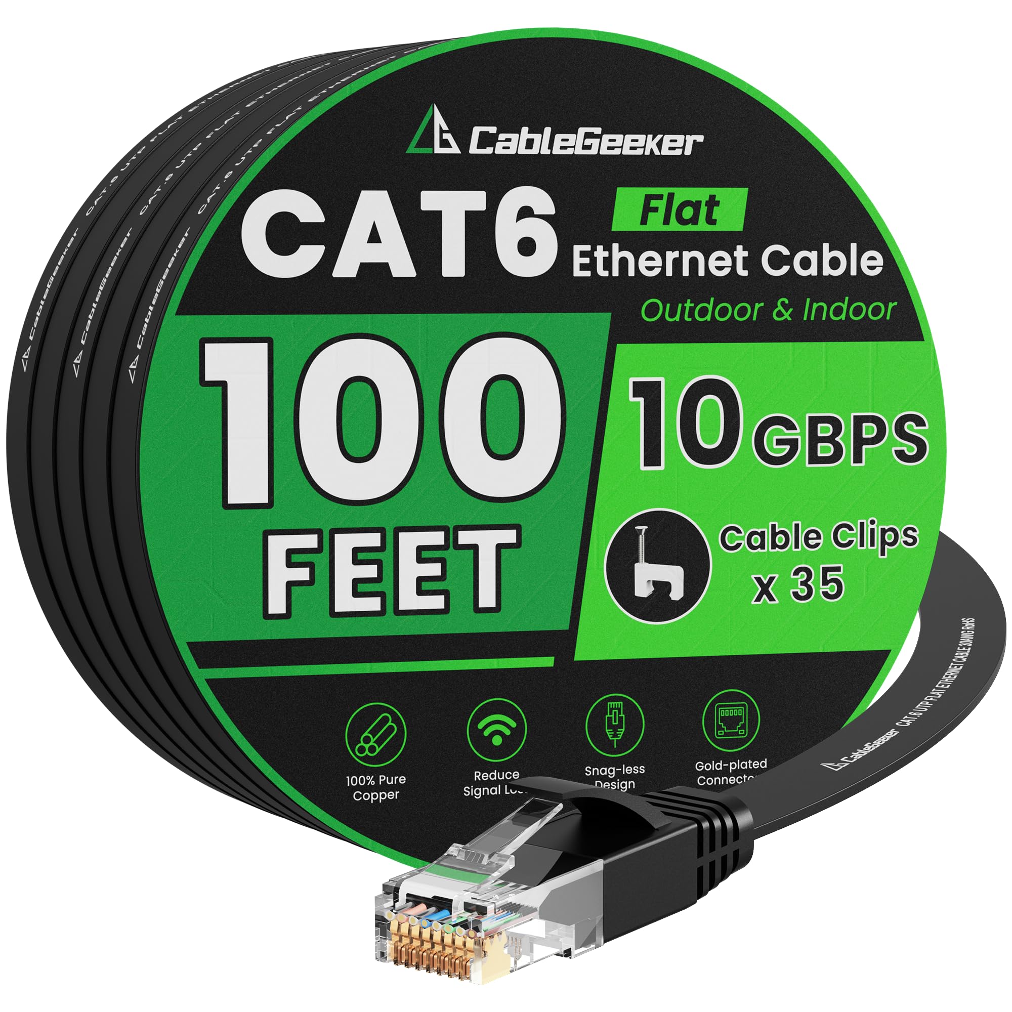 CableGeeker Cat 6 Ethernet Cable 100 ft, High Speed 10Gbps Flat, Black, Compatible with Router, Modem, PS4/5, PC, Server, Printer, Switch, Gaming Console, NAS — image 1