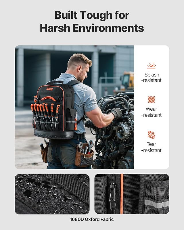 Mochila para Herramientas, Mochila de Trabajo 365 x 195 x 470 mm con 64 Bolsillos, Compartimento para Portátil y Base Moldeada, Organizador de Herramientas para Electricistas, Reparadores