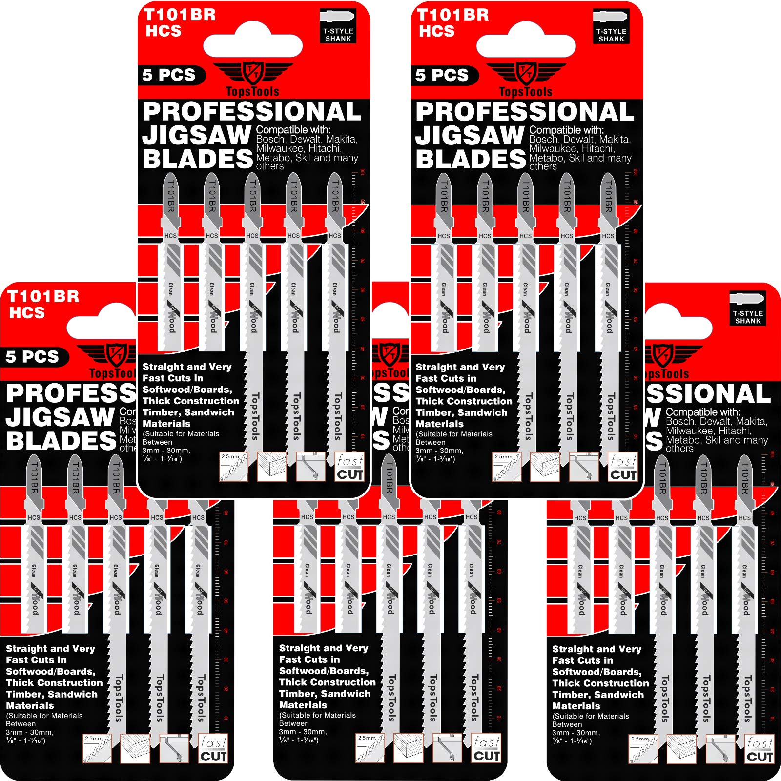 25 x TopsTools T101BR 100mm Jigsaw Blades Designed for Reverse Clean Cuts in Wood