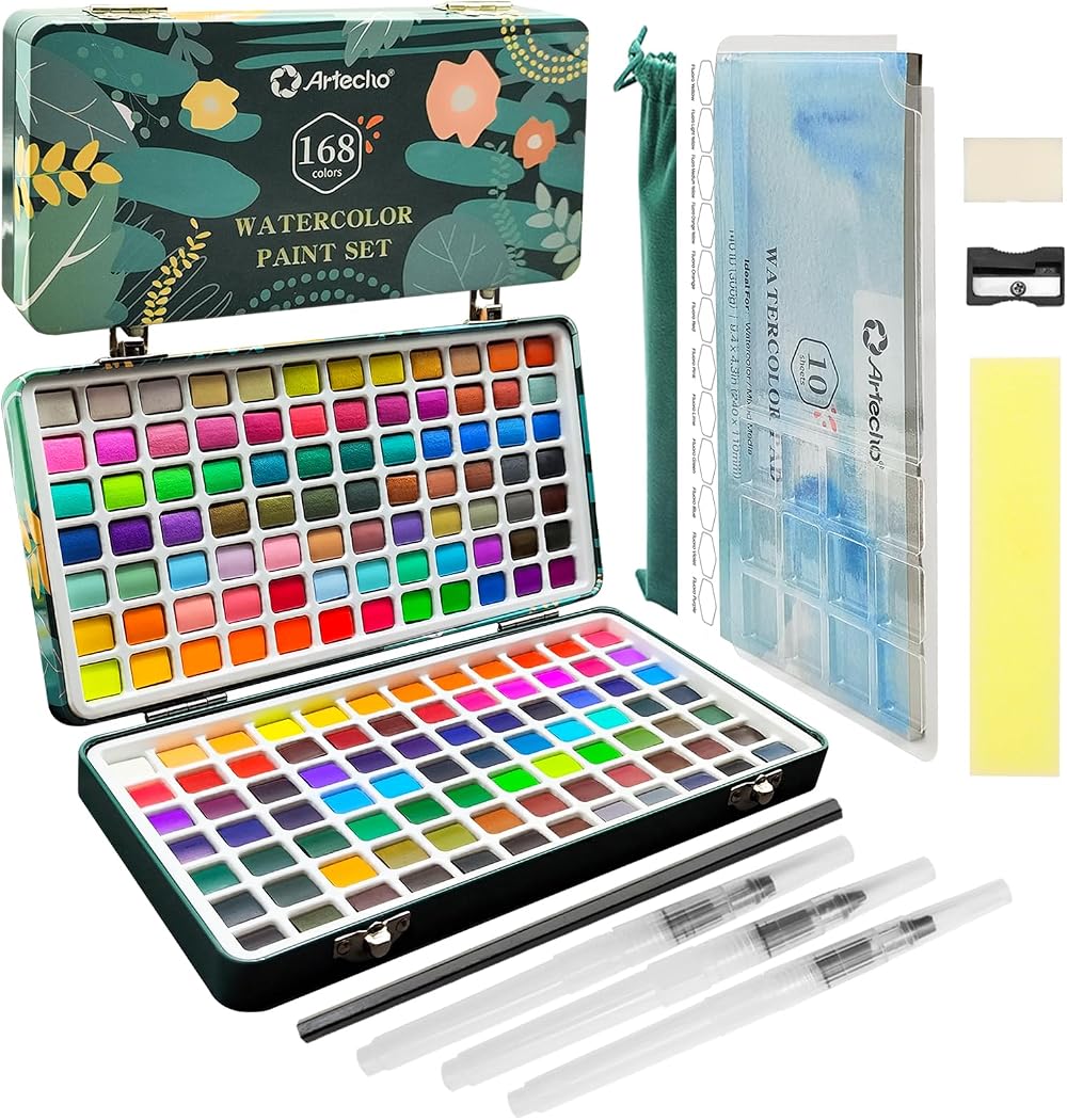 Artecho 168 Color Watercolor Set with Travel Box Brushes Papers