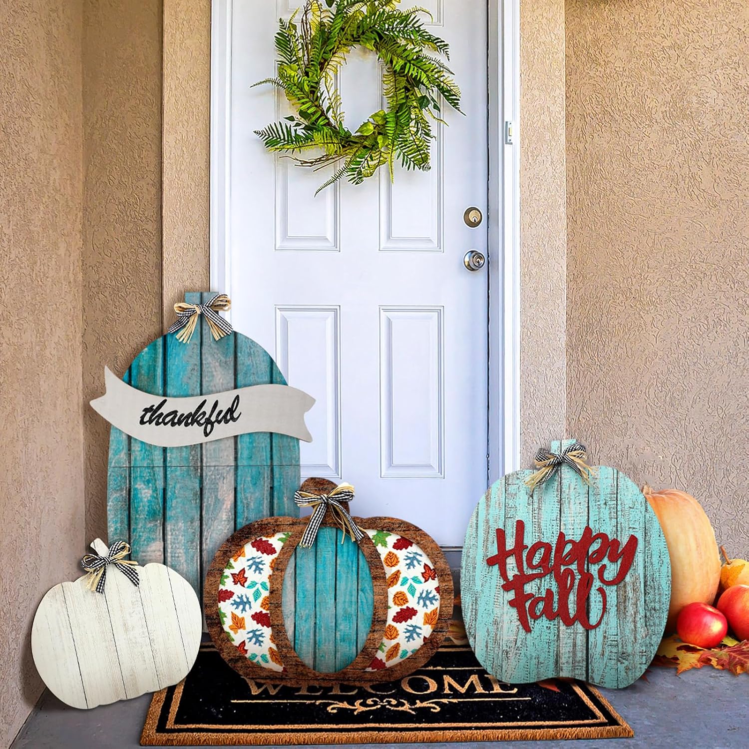 Yard Signs - Kigley Set of 4 Fall Decorations for Home Outdoor Wood Porch Standings Pumpkin Decor Thanksgiving Decorations Welcome Home Sign with Happy Fall Lettered for Front Door, Garden, Patio (Classic Style)