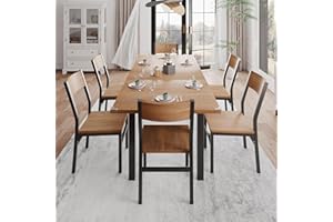 Einhomn 7-Piece Dining Room Table Set with 6 Chairs, 63" Extendable Dining Table & Chairs Set for 4-6, MDF Board & Metal Frame, Dinette for Kitchen, Dining Room, Walnut