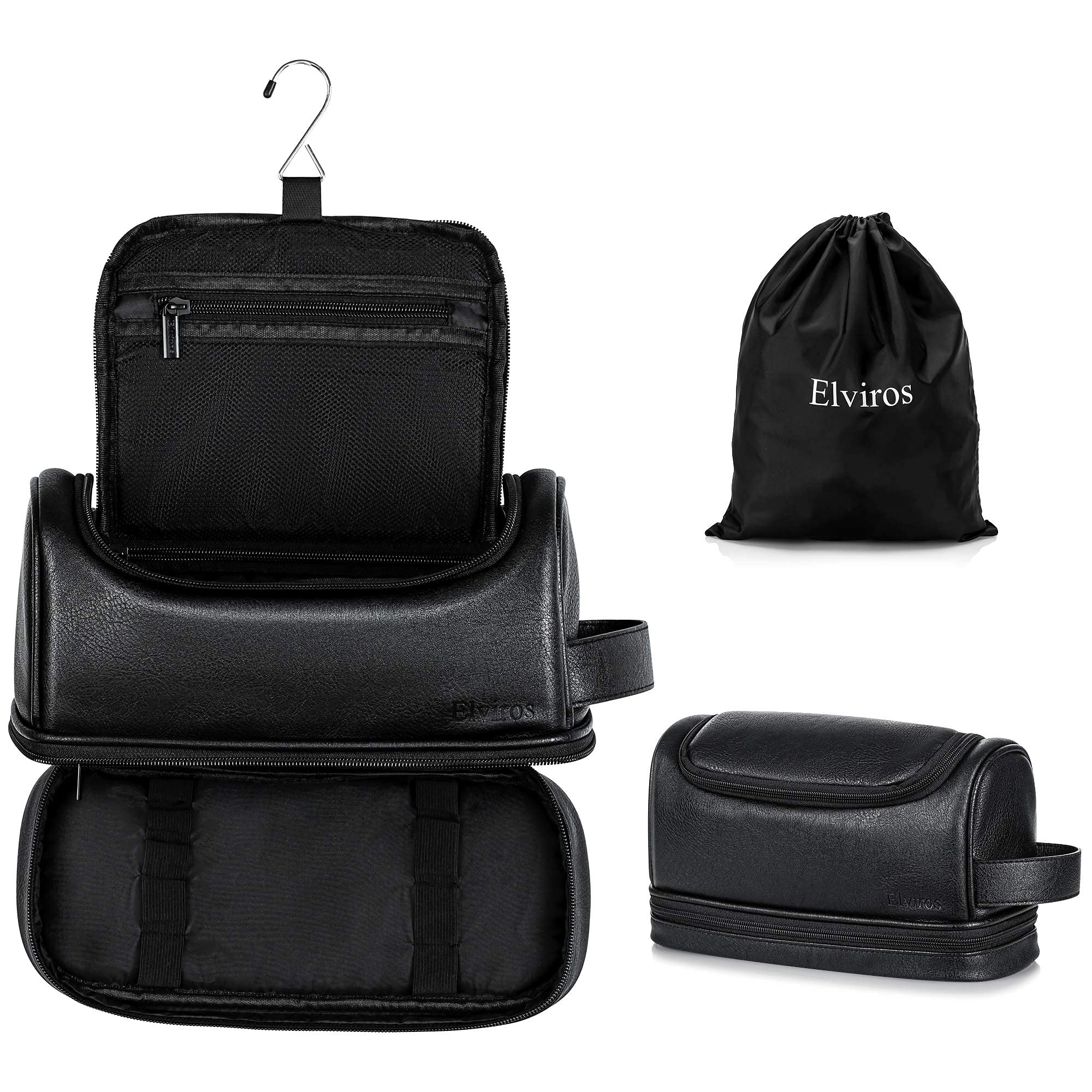 Elviros Water-Resistant Leather Toiletry Bag for Men Large Double-Layer Travel Wash Bag Shaving Dopp Kit Bathroom Gym Toiletries Makeup Organizer,Gift for Men (Black)