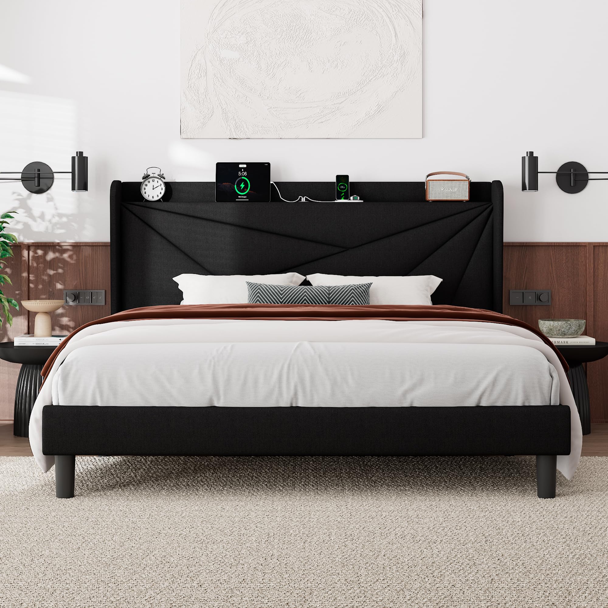 Feonase King Size Bed Frame with Charging Station, Upholstered Platform ...