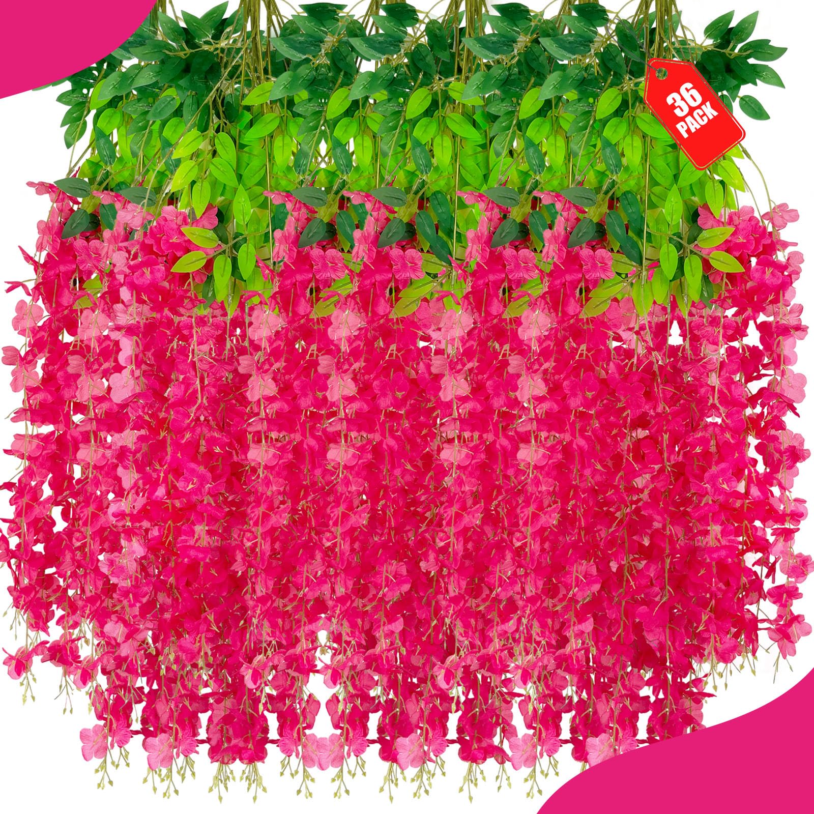 View 1 of 36 Pack Fuchsia Wisteria Hanging Flowers, 3.44 Ft Fake Hanging Flowers, Artificial Wisteria Garland Vines for Wedding Room Backdrop Outdoor Patio Garden Decoration