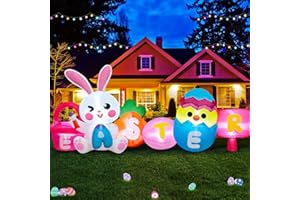 MICOCAH 8 FT Long Easter Inflatables Outdoor Decorations, Inflatable Painting Bunny with Colorful Eggs/Chick/Carrot Build-in LEDs Lights Blow Up Yard Decoration for Decor Holiday Party Lawn, Garden