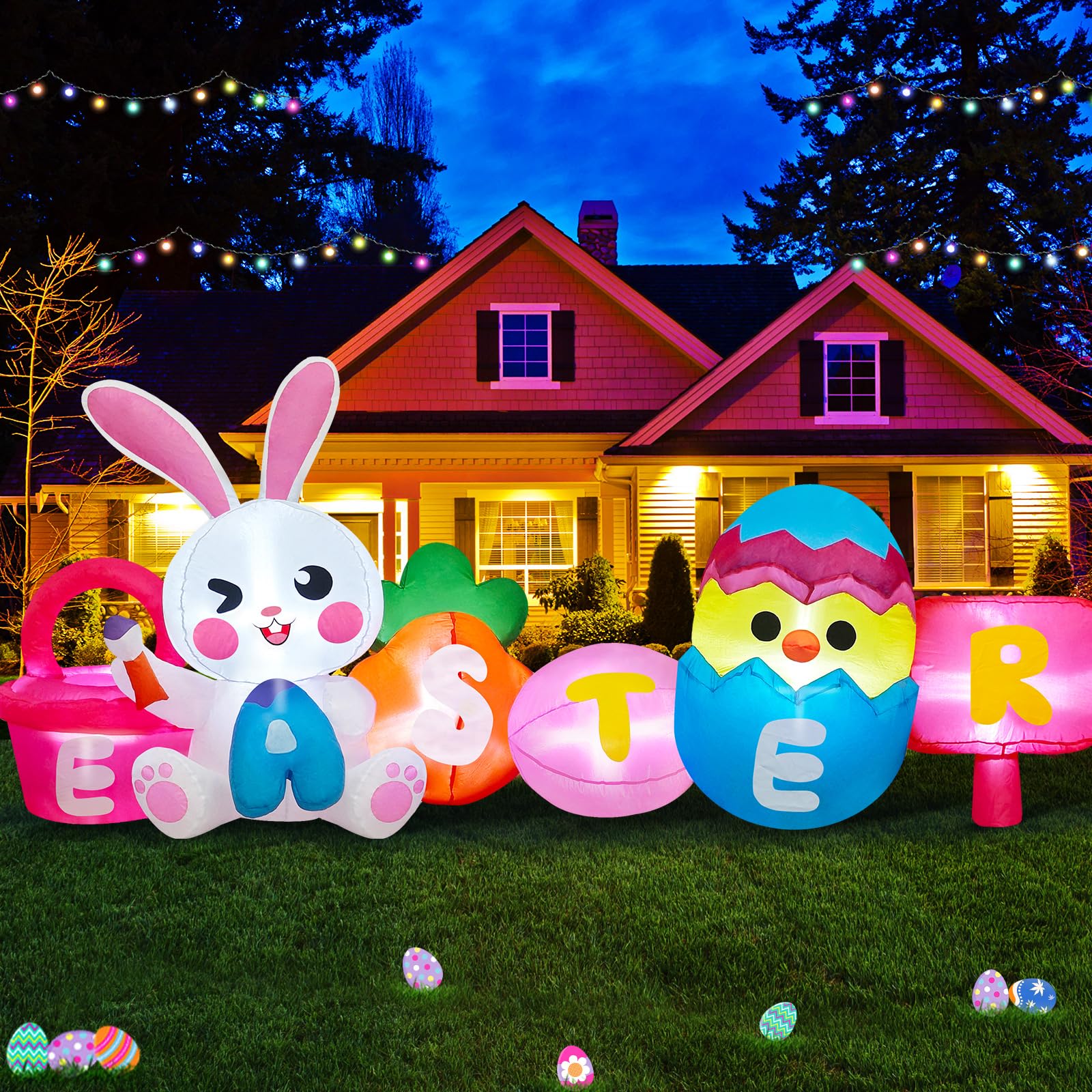 Photo 1 of MICOCAH 8 FT Long Easter Inflatables Outdoor Decorations, Inflatable Painting Bunny with Colorful Eggs/Chick/Carrot Build-in LEDs Lights Blow Up Yard Decoration for Decor Holiday Party Lawn, Garden