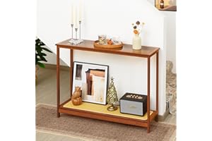 Mordchil HF Bamboo Narrow Console Table, 39.4"(L) Small Wood Entryway Table with Rattan and Glass, Slim Hallway Tables, Accen