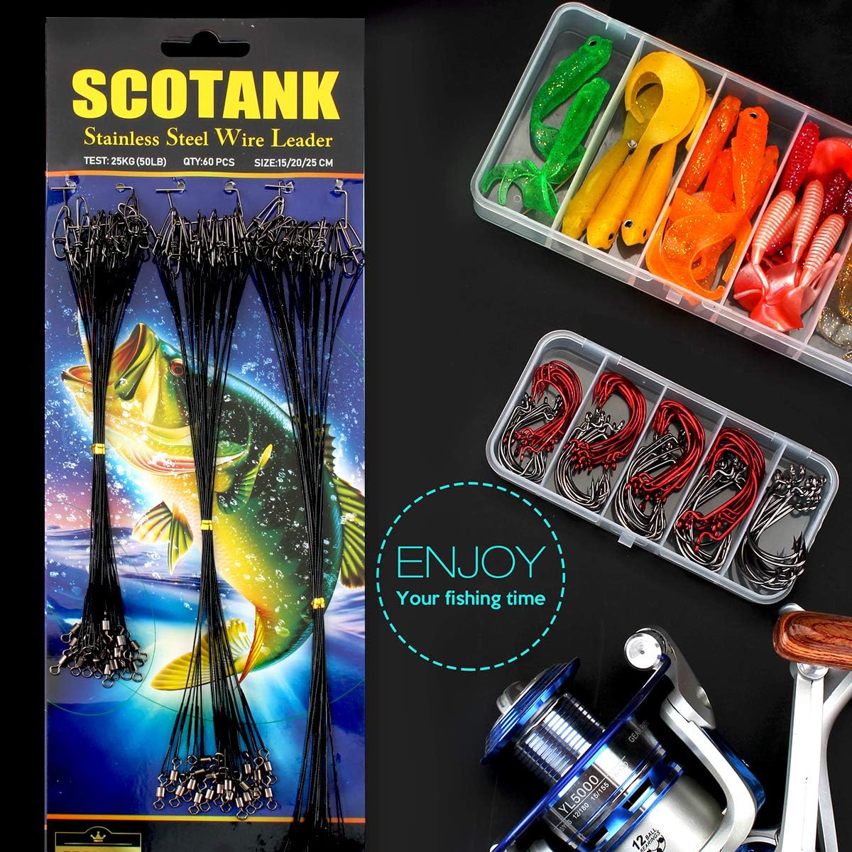 Scotank 60pcs Black Fishing Leaders Tooth Proof Stainless Steel Wire Tackle kit with Swivels Snap Connect Lures Bait Rig or Hooks 12 inch 9 inch 7 inch (Test 40 lb) : Sports & Outdoors