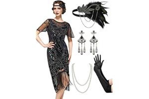 SWEETV Great Gatsby Lace Neck Flapper Dress - 1920s Dress for Women With Sleeve - Roaring 20s Costume