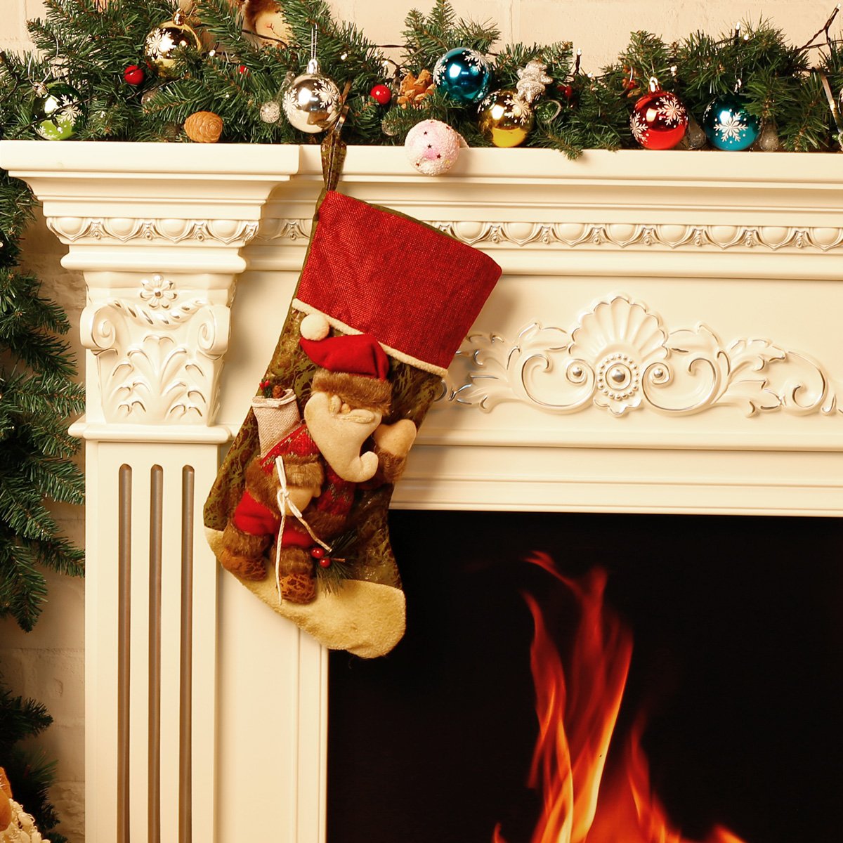 3D Vif Rétro Personnalisé Chaussettes de Noël Décoration de la Maison Arbre de Noël Cheminée Suspension Nouvel An Chaussettes de Noël Bonbon de Christmas Présent Décoration Chaussettes Sac (Père Noël)