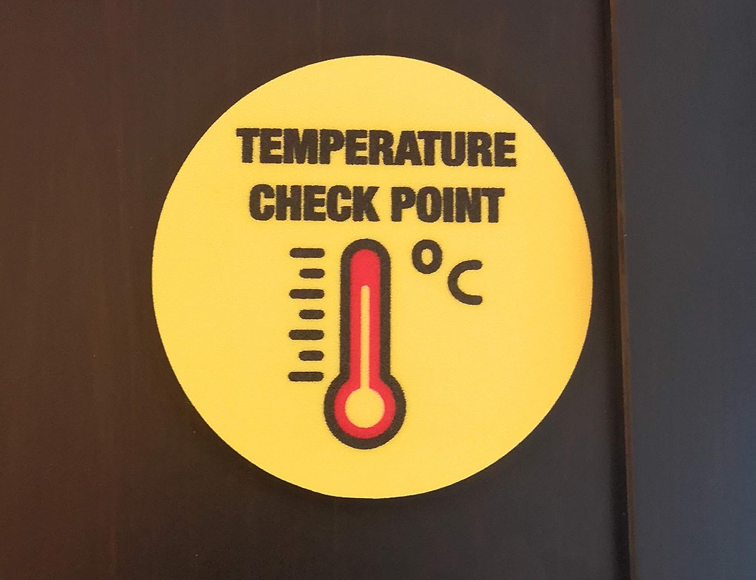 Removable Self Adhesive Vinyl"Temperature Check Point" Social Distancing Sign 10cm Diameter, Yellow - Image 3