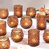 DARJEN Amber Votive Candle Holders Set of 24- Round Candle Holders Bulk, Glass Candle Holder for Vintage Decoration, Tea Lights Candle Holders for Wedding Home Party & Gift