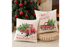 CARRIE HOME Red Truck Christmas Decor Outdoor Christmas Throw Pillow Covers 18x18 for Home Car Office, Set of 2