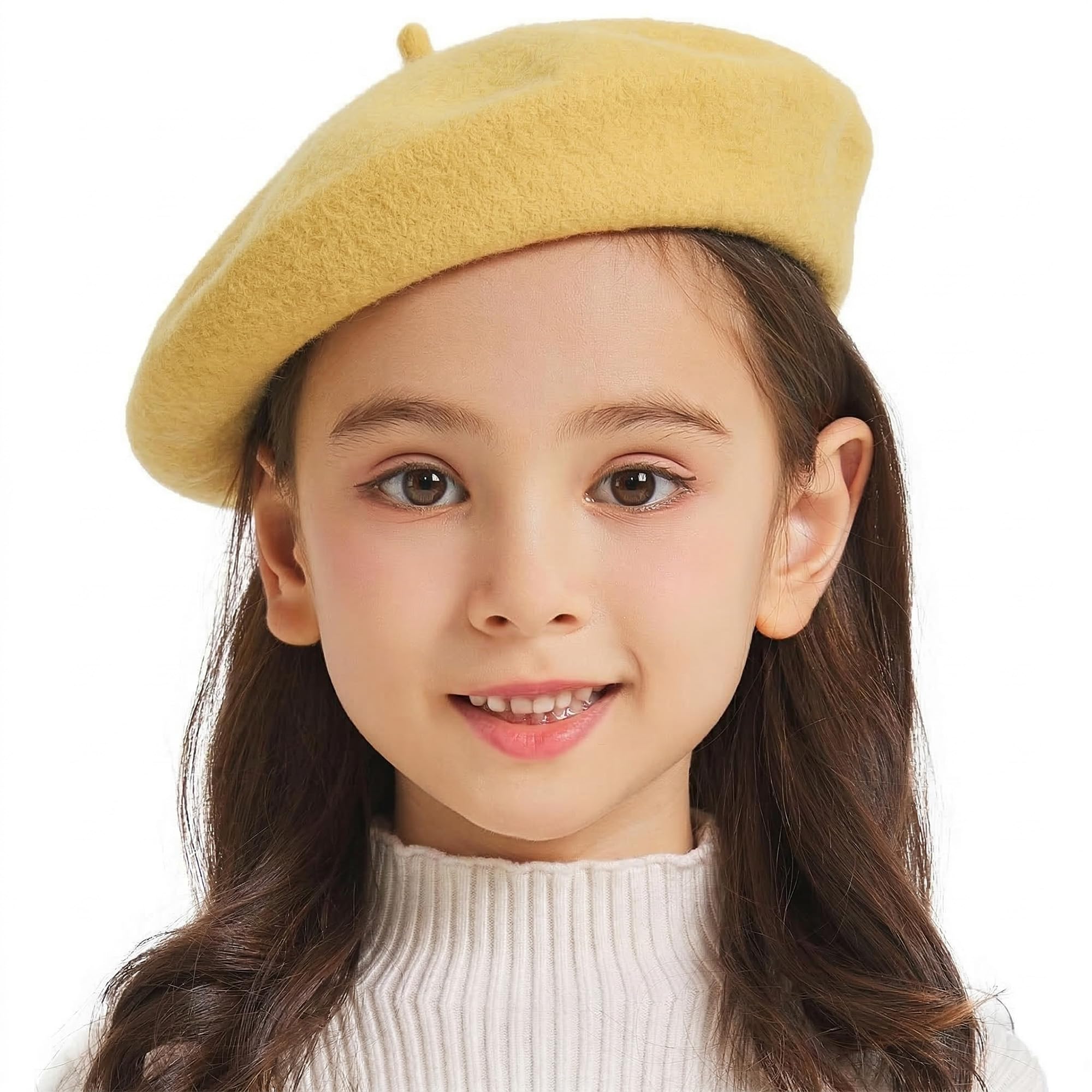 ZLYC Wool Kids Beret Hat Girls Solid Color Artist French Beret Cap(Yellow)