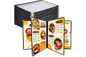 FLKQC 12 Pack Menu Covers, 1 Page 2 View Transparent Menu Holders, 8.5 x 11 Inch Menu Sleeves, Menu Books Fits A4 Size Paper, Perfect for Restaurants, Bars, Cafes, and Office Use (4 Page 8 View)