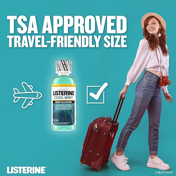 LISTERINE COOL MINT ALCOHOL-FREE MILD MOUTHWASH, ORAL RINSE KILLS 99.9% OF GERMS THAT CAUSE BAD BREATH, LESS INTENSE TASTE, MILD MINT FLAVOR, 3.2 FL. OZ