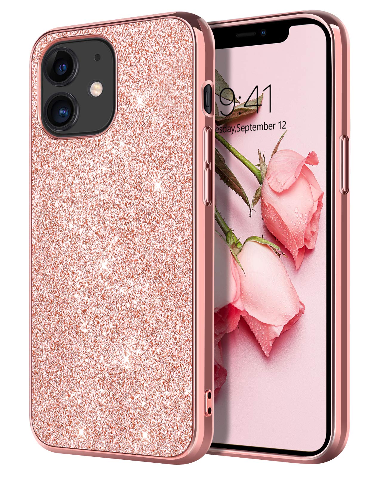 YINLAI iPhone 12/12 Pro Glitter Bling Shiny Sparkly Slim Shockproof Hybrid Covers - Drop Protection for Women - Rose Gold/Pink