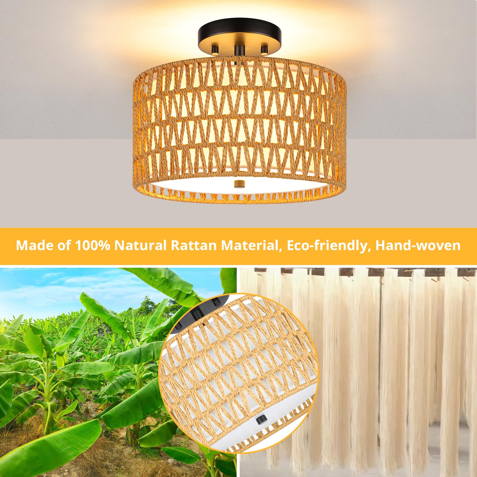 SunRider Semi Flush Mount Ceiling Light Fixture, 3-Light Farmhouse Woven Rattan and Fabric Shade Drum Light, Boho Rattan Lamp for Bedroom Foyer Porch