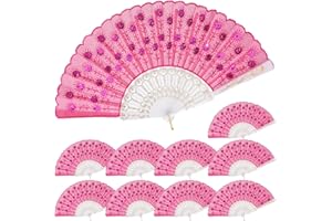 QIRMIZI 10 PACK Fabric Folding Handheld Fans, Perfect for Weddings, Parties, and Dancing,Deeppink