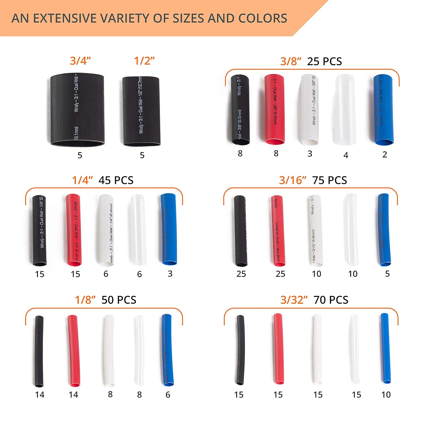 Wirefy 275 PCS Heat Shrink Tubing Kit - 3:1 Dual Wall Tube - Adhesive Lined - Marine Shrink Tubing - Black, Red, White, Clear, Blue: Industrial & Scientific