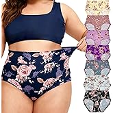 Feihtl Womens Underwear XL-5XL Plus Size Ladies Panties Mid High Waist Briefs Rose Floral Pantys 7-Pack