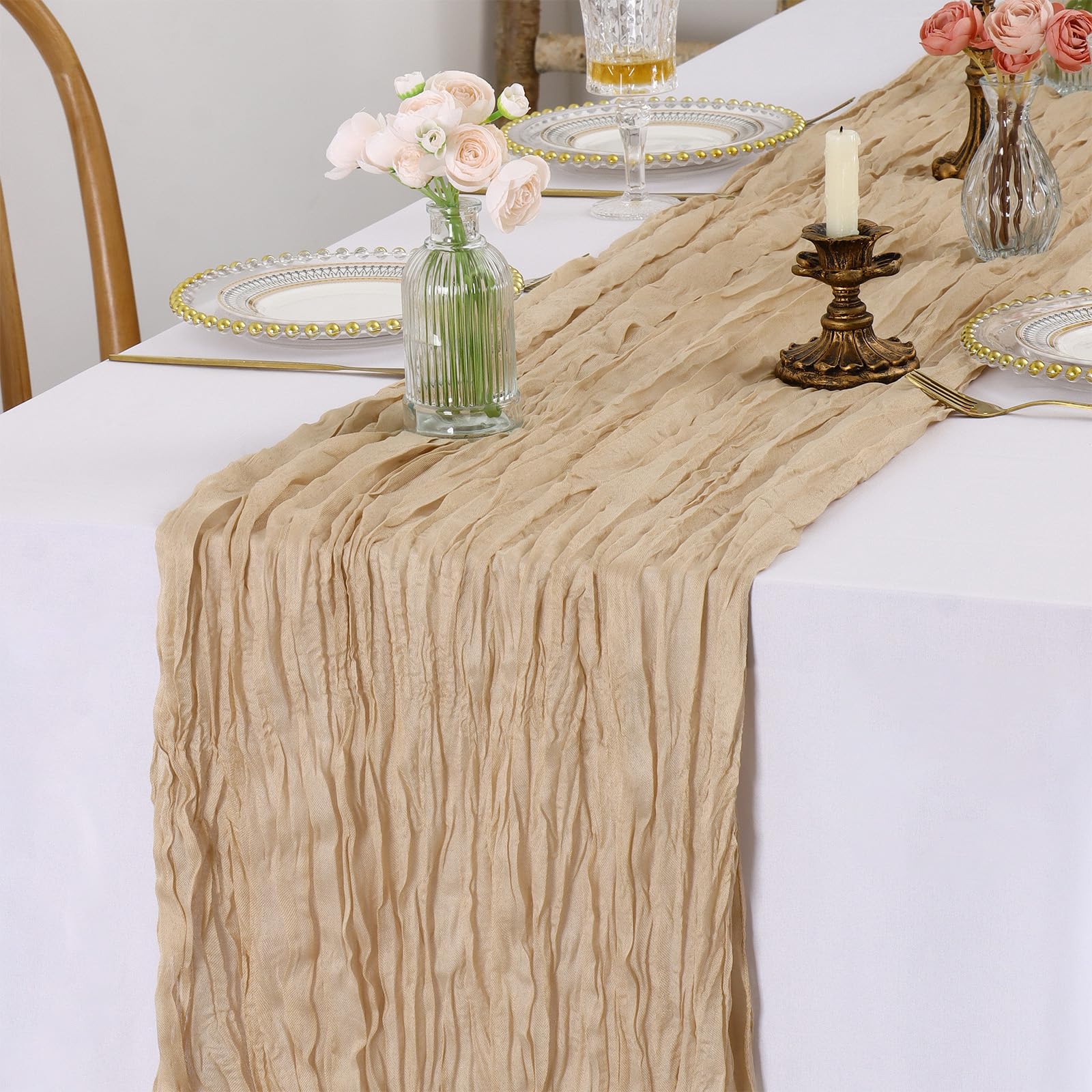 LOMOHOO CheeseCloth Table Runner 118 Inches Long,Boho Gauze Table Runners,Rustic Table Runner for Wedding Table Decoration Kitchen Dining Room Birthday Party,Beige (Beige, 90cmx300cm)