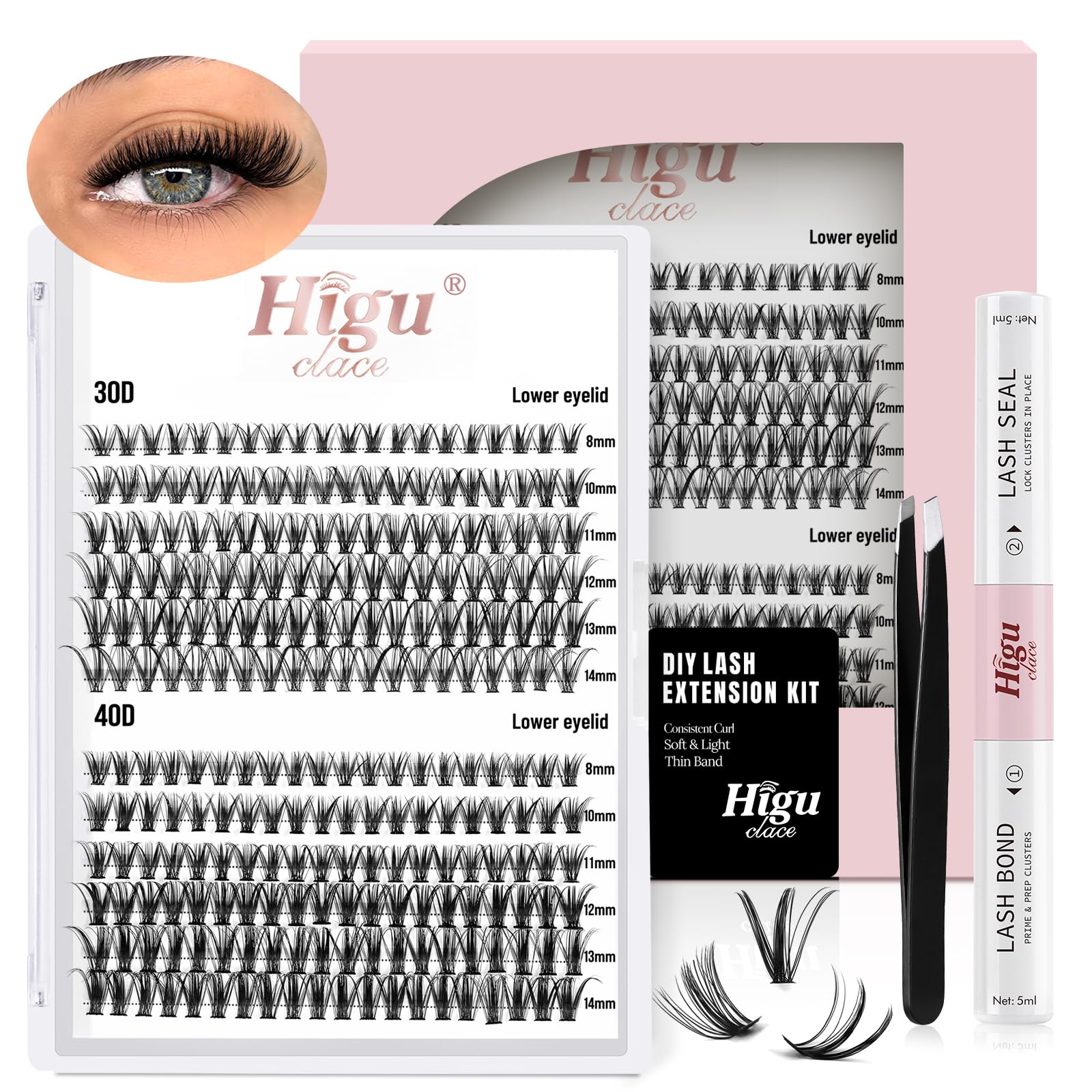 Higu clace DIY Lash Extensions Kit, Individual Lashes Cluster 240pcs Mix8-14mm, Bond and Seal Lash Kit with Tweezer, Natural Wispies Application at Home Eyelash Extension Kit (30+40D Kit) — image 1