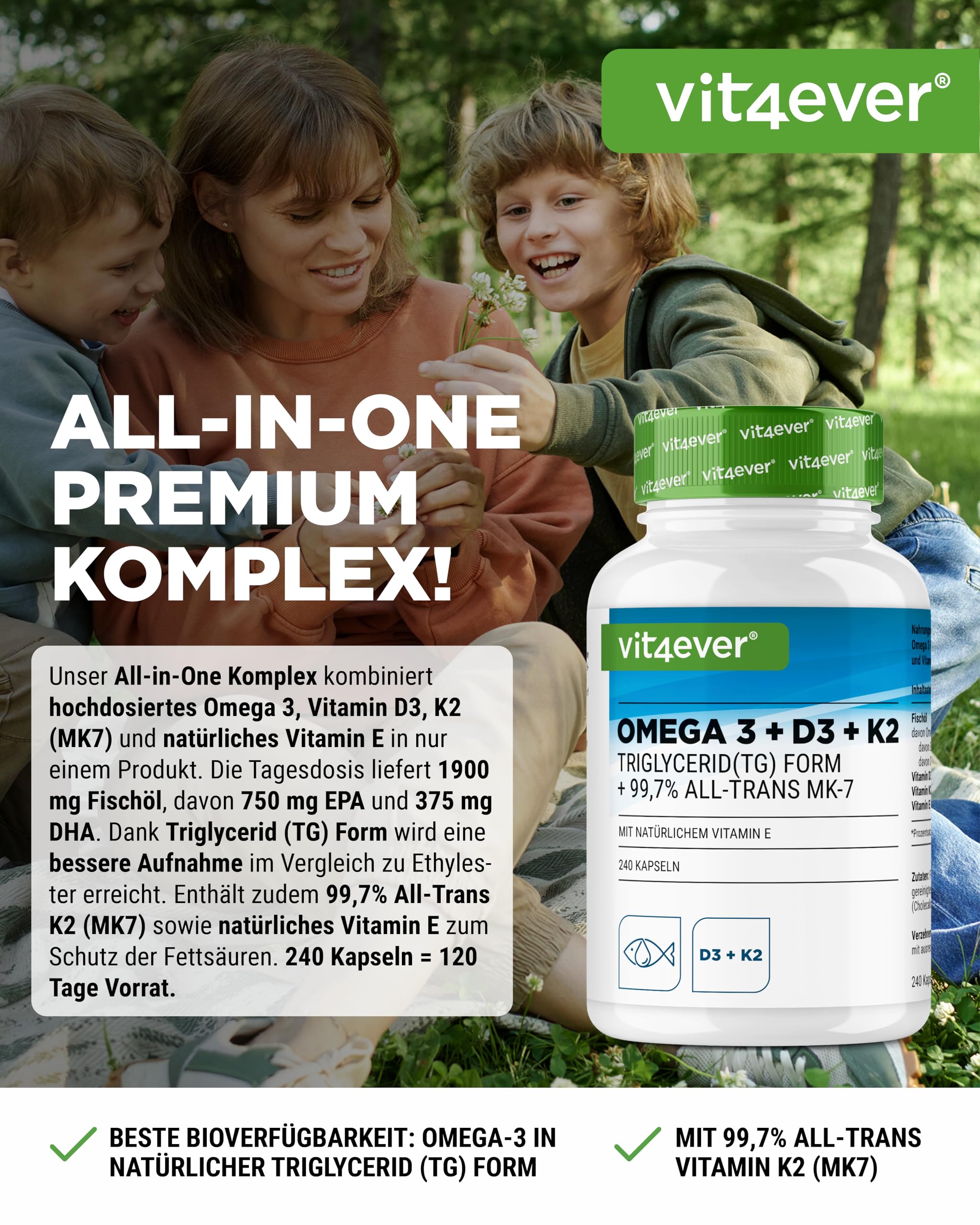 vit4ever Omega 3 + Vitamin D3 + K2-240 Kapseln - 1125 mg Omega 3 2