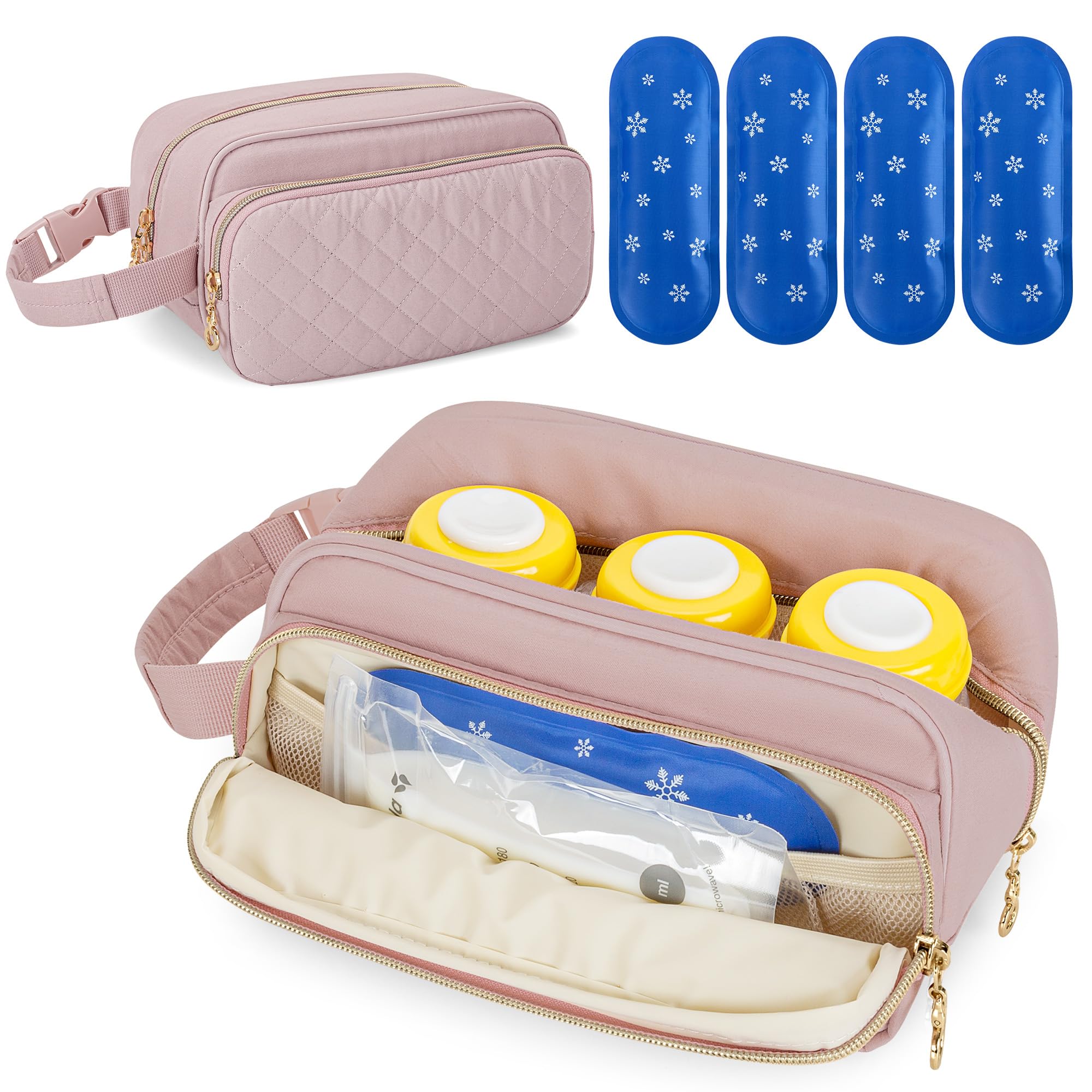 Damero Breast Milk Cooler Bag with 4 Ice Packs，Breast Milk Bottle Cooler Tote Bag with Detachable Buckle Handle, Baby Bottle Travel Cooler Bag for Nursing Mom, Pink