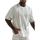 VIPWOLF Men's Striped Baggy Shirts Color Block Short Sleeve Loose T Shirt Summer Textured Tee Tops