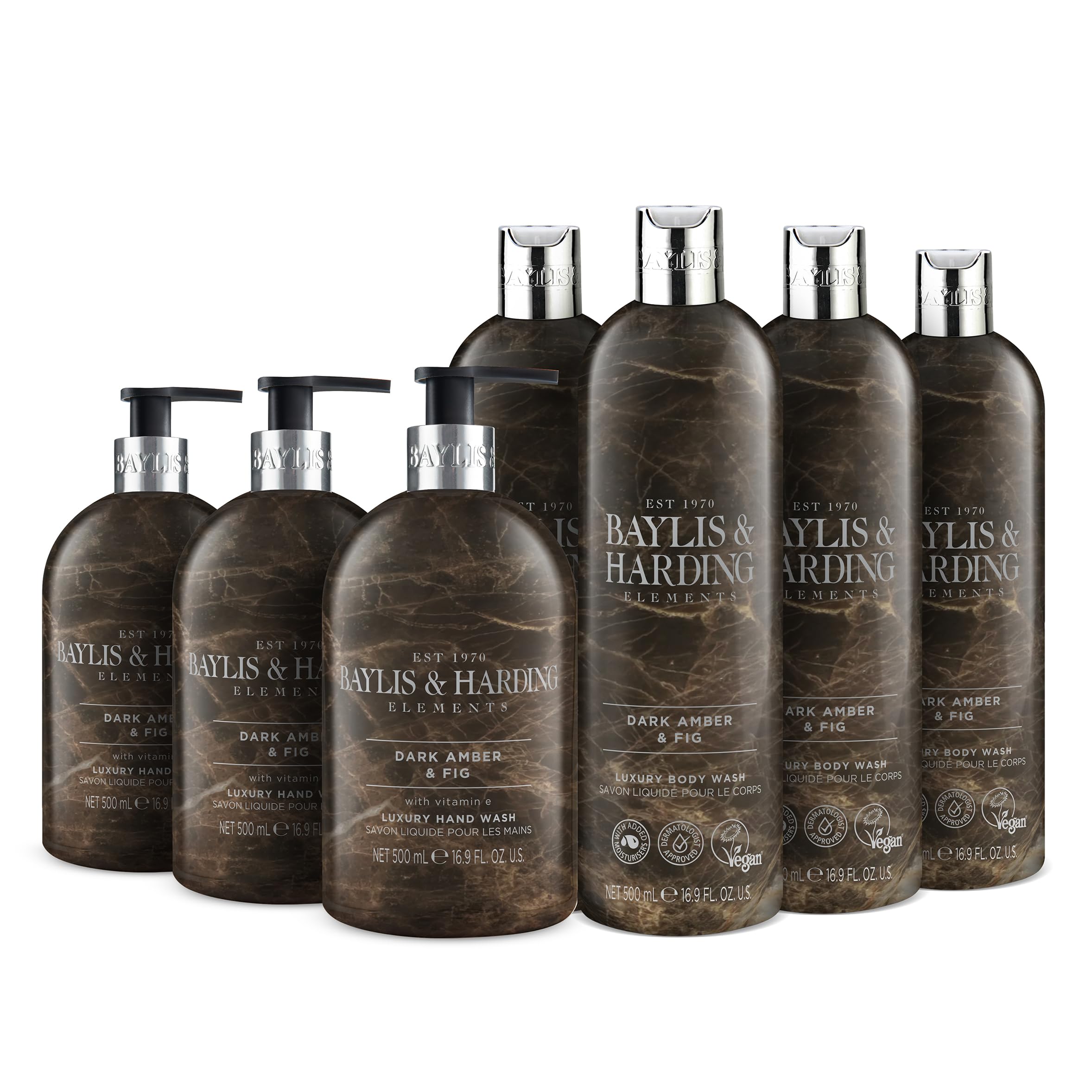 Baylis & Harding Elements Dark Fig & Amber Toiletries Bundle: 3 x 500 ml Hand Wash & 4 x 500 ml Body Wash (7 bottles) - Vegan Friendly