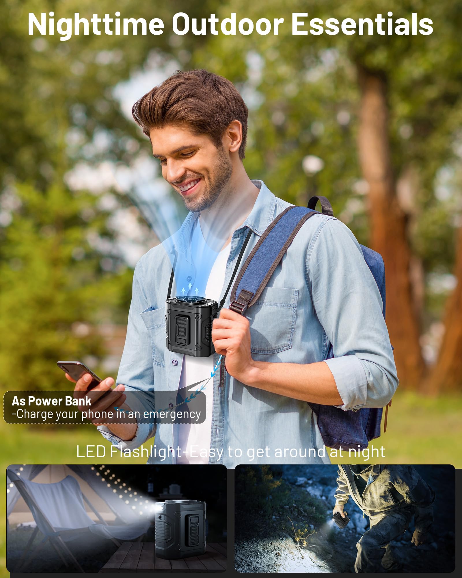 Portable Waist Fan with 10 Speed, Clip on Wearable Belt Personal Fan with Flashlight, Rechargeable Battery Operated Hands-Free Hanging Neck Fans, Cooling For Outdoor Camping Jobsite