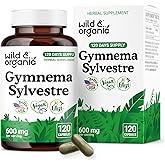 Wild & Organic Gymnema Sylvestre Capsules 600 mg - Overall Support - Natural Gymnema Supplement - Gurmar Herb Powder - 120 Days of Supply - Vegan, No Fillers, Non-GMO - 120 Count