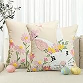AVOIN colorlife Easter Spring Rabbit Floral Embroidered Decorative Throw Pillow Covers, 18 x 18 Inch Butterfly Flowers Tufted Patterned Linen Cushion Case for Bedroom Living Room Sofa Couch Set of 2