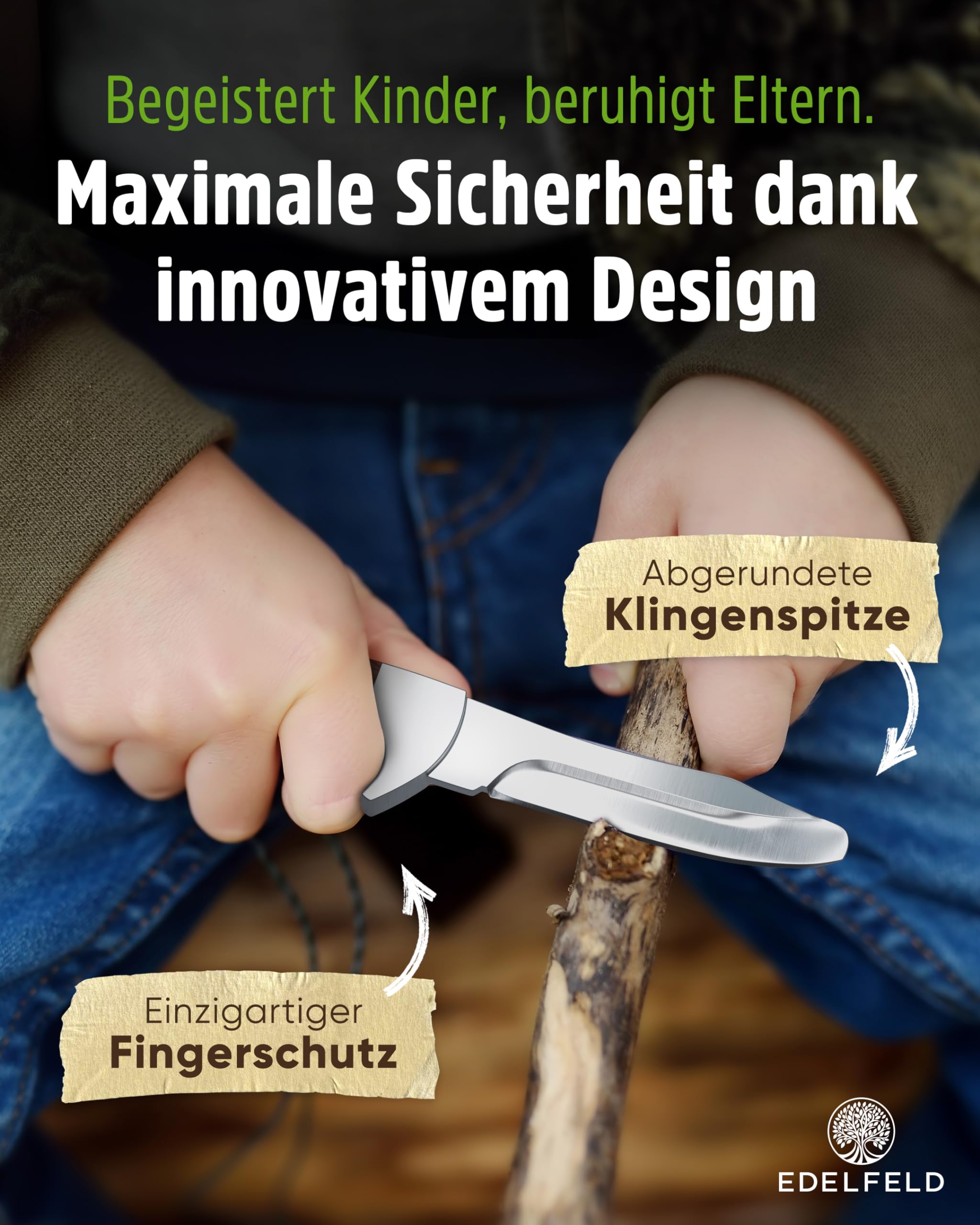 EDELFELD - Das Original - Schnitzmesser Kinder ab 6 Jahre - Sicheres Taschenmesser Kinder mit Fingerschutz - Schnitzmesser für Links- & Rechtshänder - Kinderschnitzmesser inkl. Scheide & Schnitzbuch 2