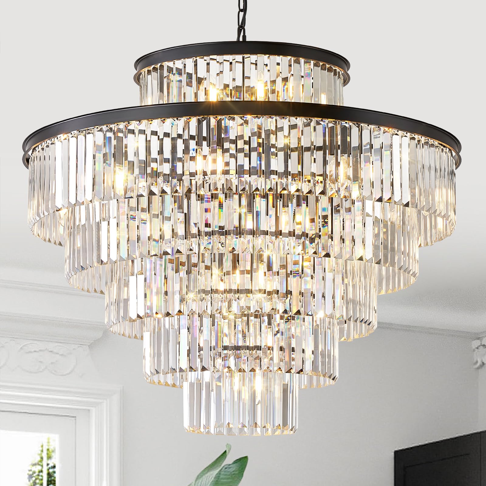 Photo 1 of Large Crystal Chandeliers 23 Lights 36" Modern Black Luxury Chandelier for Foyer Staircase Chandeliers 6 Tiers Round K9 Ceiling Pendant Lighting Fixture for Living Dining Room