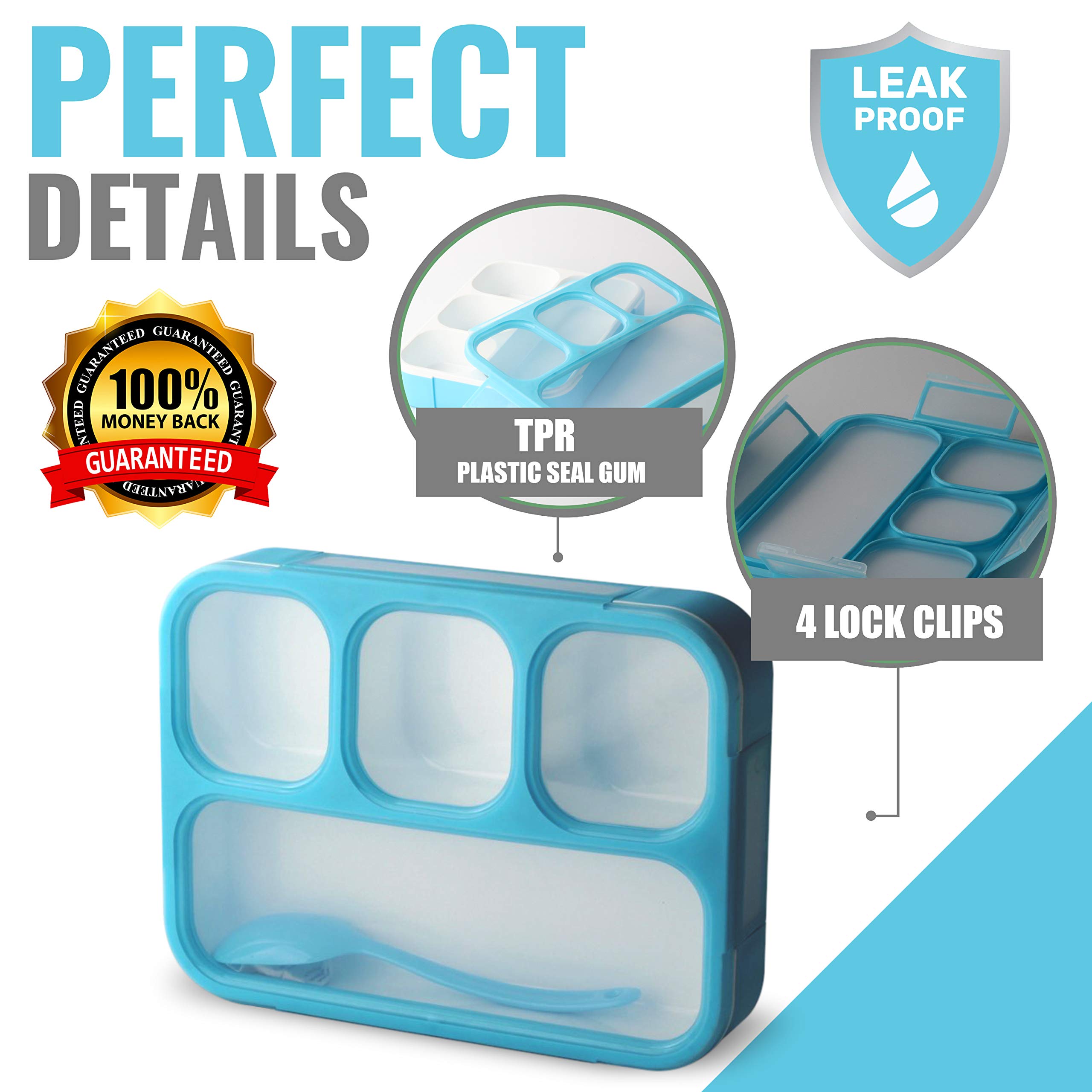 Leakproof Bento Lunch Box With 4 Compartments | Best Food Prep & Meal Planning Container For Kids And Adults | BPA Free & FDA Approved | Microwave, Dishwasher and Freezer Safe By PlusPoint (Blue)